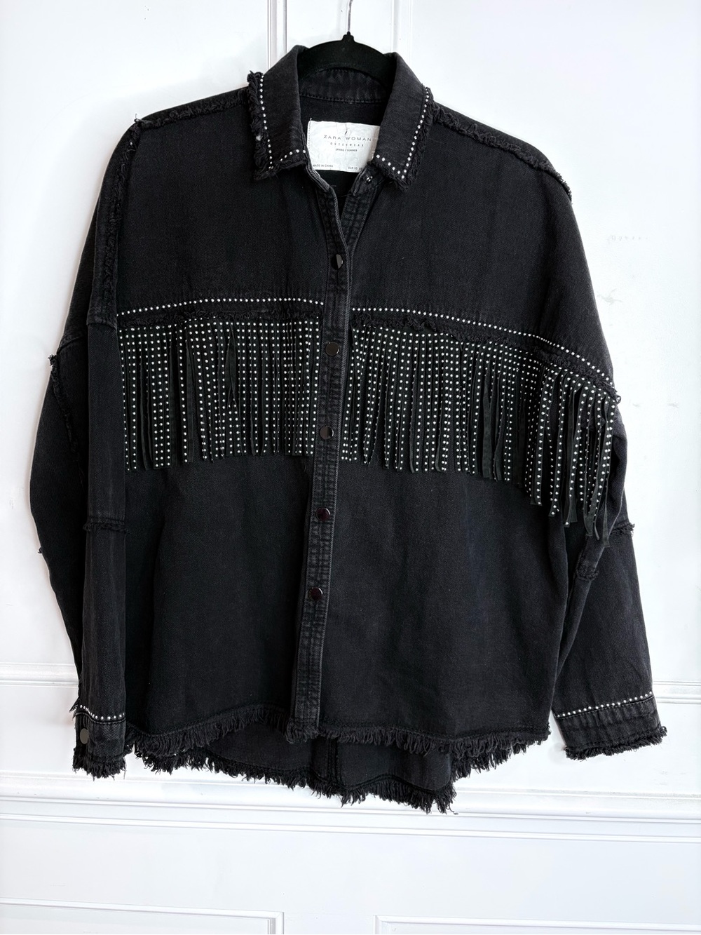 Zara Black Studded Fringe Denim shirt-Jacket oversized XS